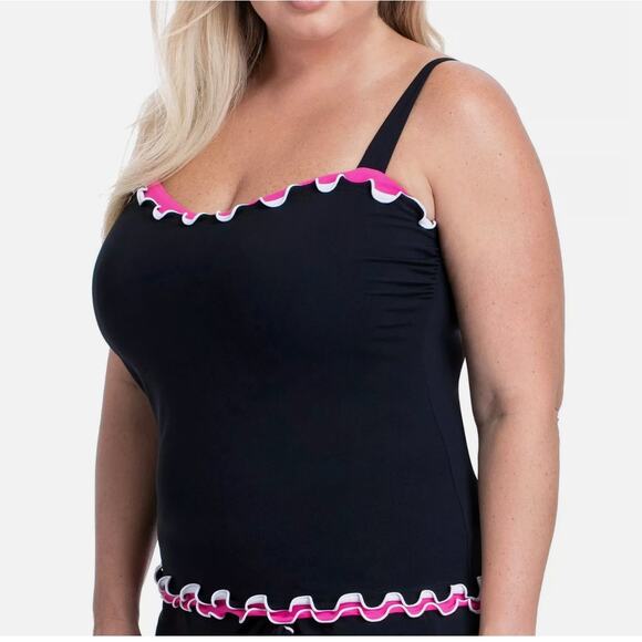 Profile by Gottex Black & Pink Lettuce Ruffle Sweetheart Swim Tankini Top 22 W - Picture 1 of 3